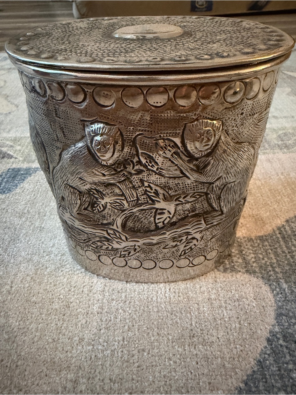 Hand-Stamped Metal Decorative Canister - Silver Tone
